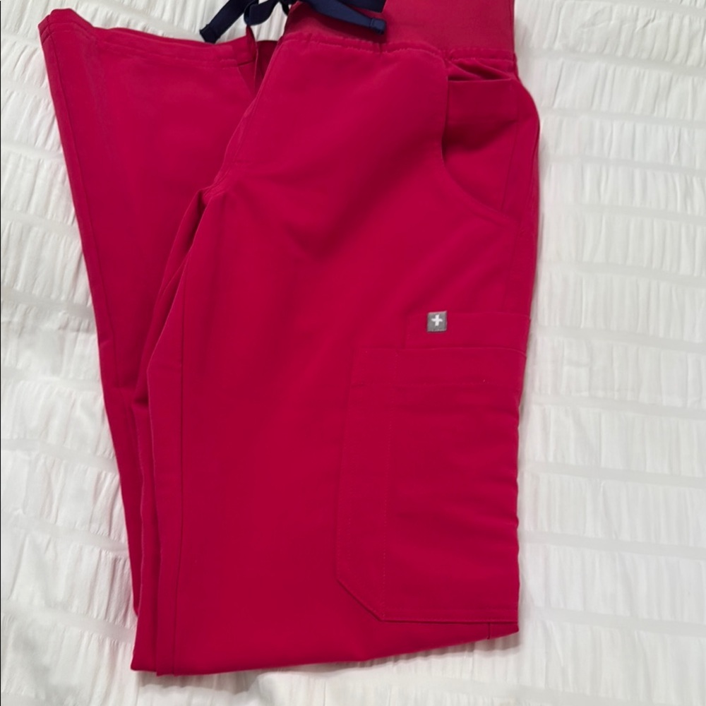 Figs Xxs Yola skinny scrub pants hot pinkish color with purple ties